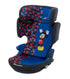 A blue and black baby car seat featuring a Mickey Mouse print on the headrest and seat, with the BebeConfort brand logo on the lower left side.
