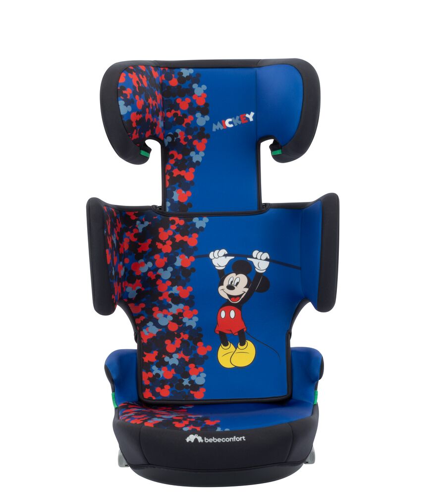 A blue and black baby car seat featuring Mickey Mouse graphics and a red-and-blue puzzle pattern on the side panels, shown against a plain white background.