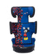 A blue and black baby car seat featuring Mickey Mouse graphics and a red-and-blue puzzle pattern on the side panels, shown against a plain white background.