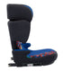 A high-impact child car seat with a black shell and a blue patterned seat insert, shown from a side profile on a white background.