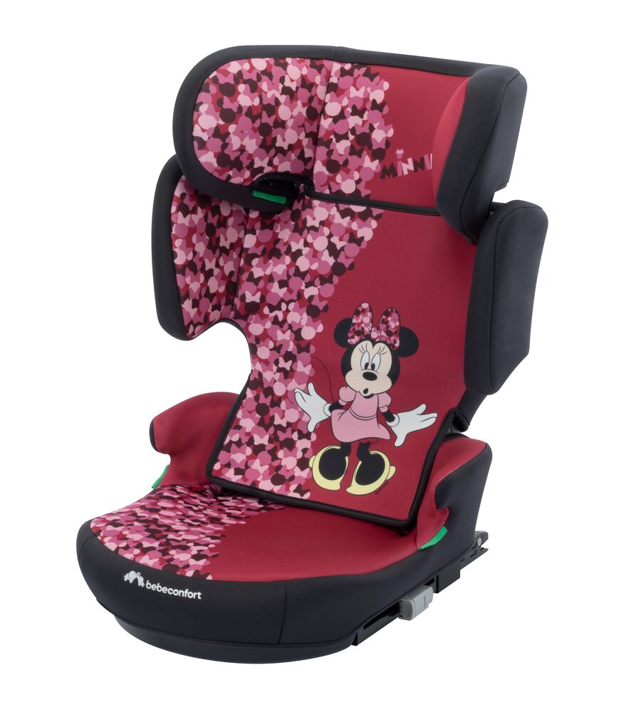 A baby car seat by Bebeconfort featuring a Minnie Mouse design with a red and pink cherry blossom pattern, set against a plain white background.