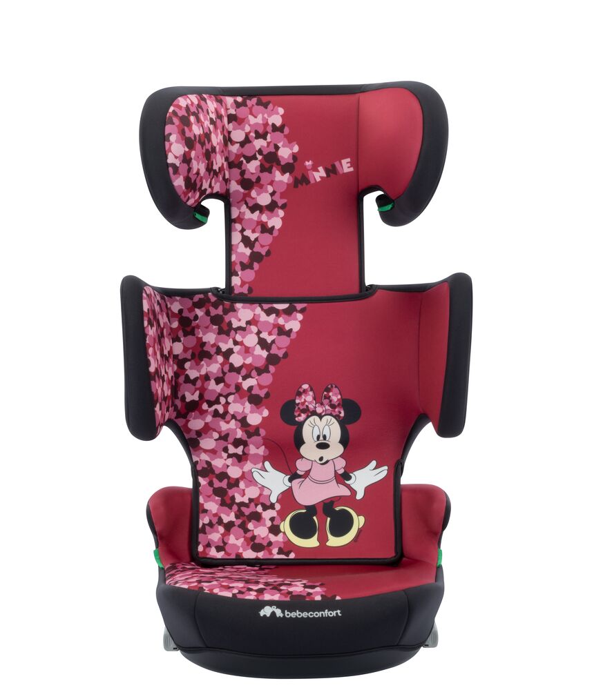 A baby car seat by BebeConfort featuring a red and pink floral pattern, with a cartoon Minnie Mouse graphic on the center backrest. The seat has black side bolsters and a white BebeConfort logo on the base.