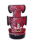 A baby car seat by BebeConfort featuring a red and pink floral pattern, with a cartoon Minnie Mouse graphic on the center backrest. The seat has black side bolsters and a white BebeConfort logo on the base.