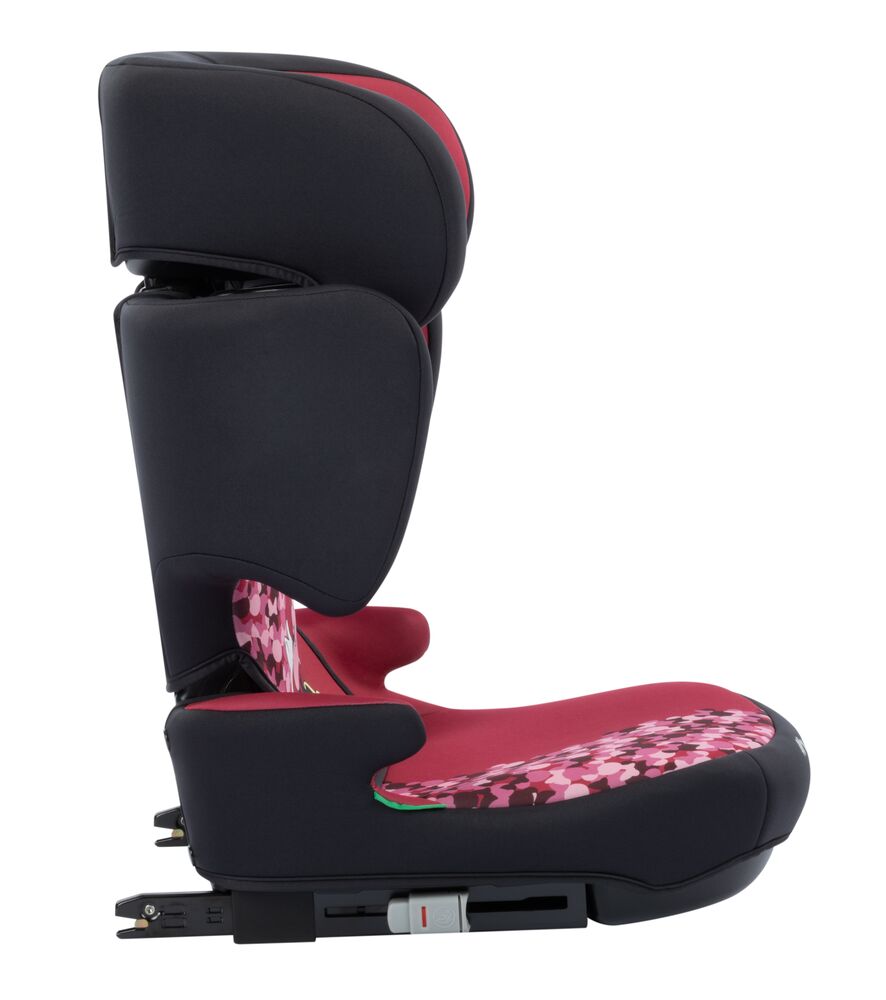 A high-back child car seat in black with red and pink floral patterned accents on the seat and headrest, shown from a side profile on a white background.