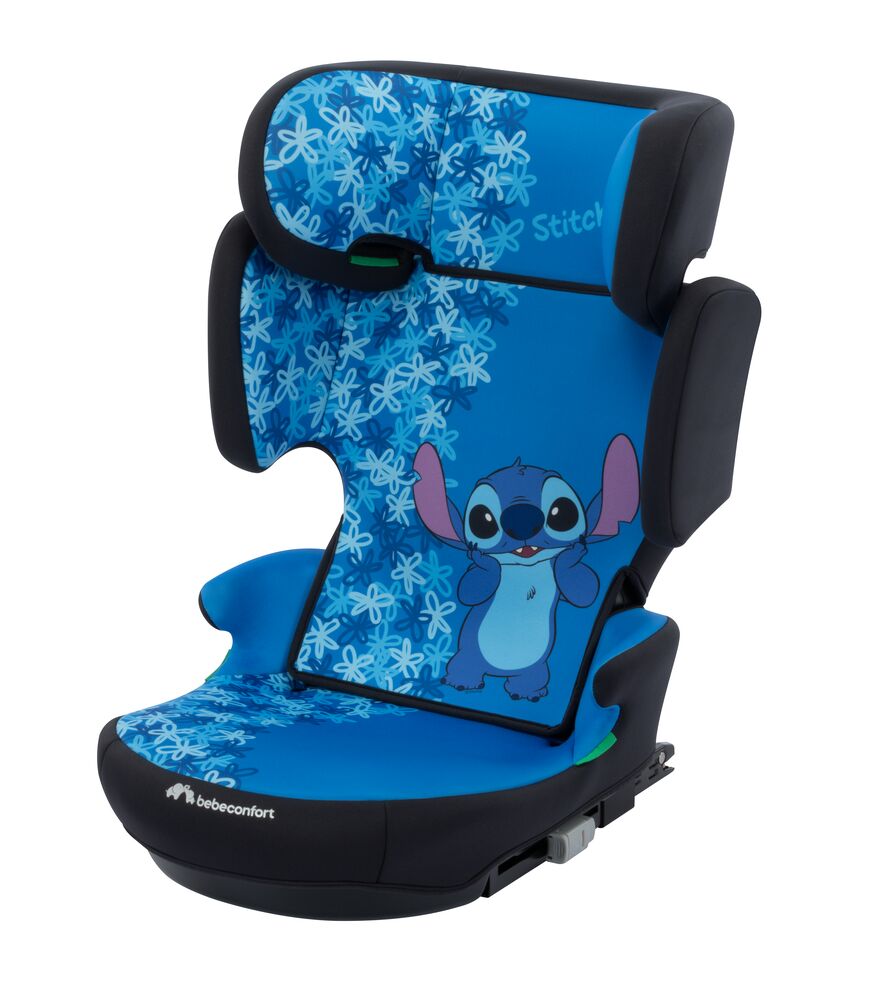 Children's blue car seat with cartoon character design on a white background