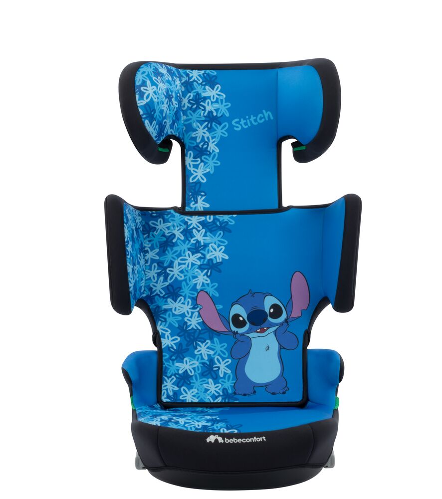 A blue and black baby car seat featuring Stitch from Disney's Lilo & Stitch, with a floral pattern on the headrest and backrest, and a white Bebeconfort logo on the base.