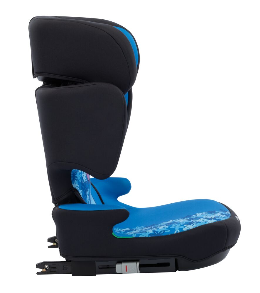 A high-boost child car seat with a black shell and bright blue accents, including a blue water-patterned seat insert, shown on a plain white background.